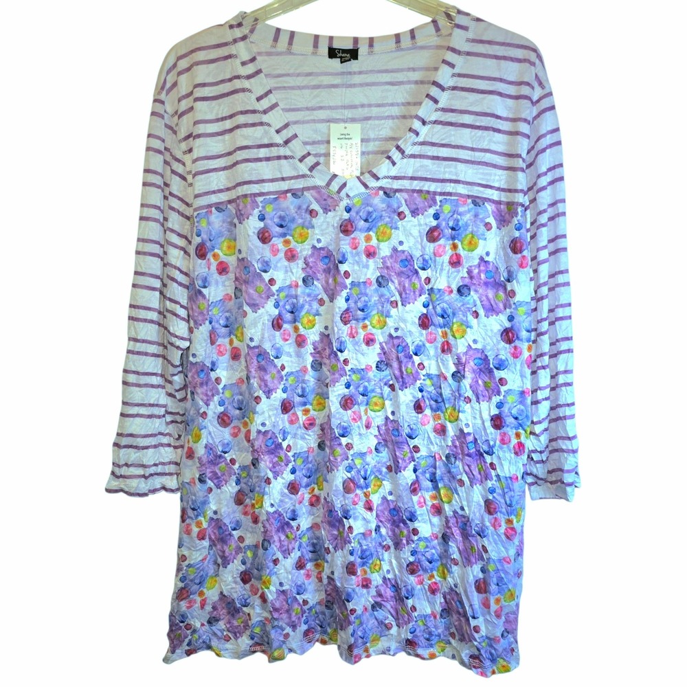 Shana Floral Stripe 3/4 Sleeve V-Neck Tunic Top XL Purple Blue3/ - Picture 4 of 15